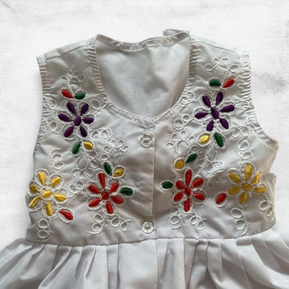 Handmade Mexican Embroidered Girls Summer Dress White Multi-Color Floral 3T